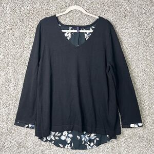 NYDJ Sweater Women's Large Black with Floral Chiffon Underlay V-Neck Split‎ Back